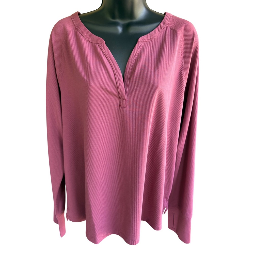 LL Bean Performance Ribbed Knit Top XL Dark Pink Long Sleeve Notch Neck 523257